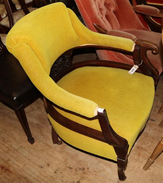 Late Victorian mahogany tub shaped armchair in gold dralon